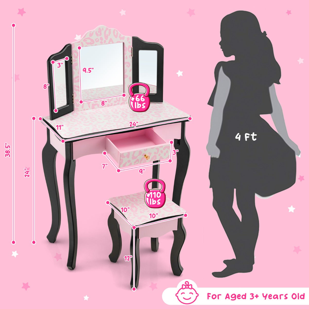 Kids Vanity Set with Mirror, Drawer and Stool - Pink Snowflake Design for imaginative play and grooming.