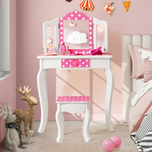 Kids vanity set in pink with mirror and stool, perfect for playtime dress-up activities.