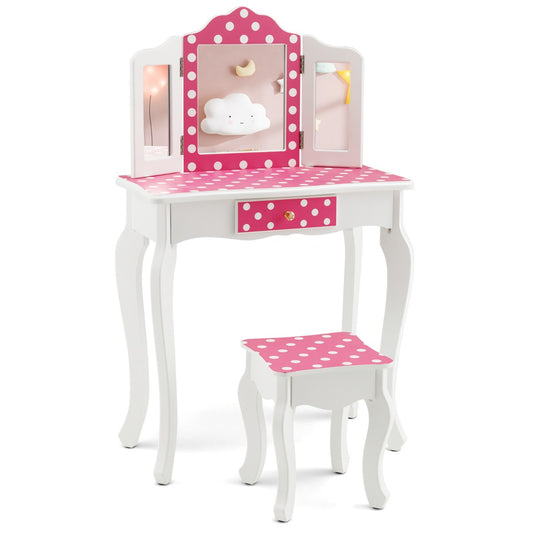 Childrens pink vanity set with mirror and stool, featuring white spots for playful design.