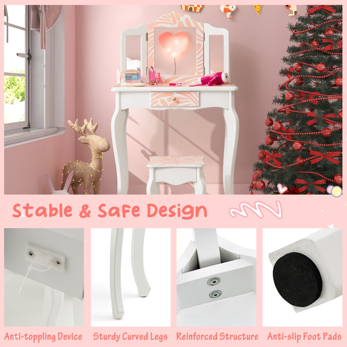 Kids pink vanity set with snowflake design, mirror, and stool for stylish bedroom play.