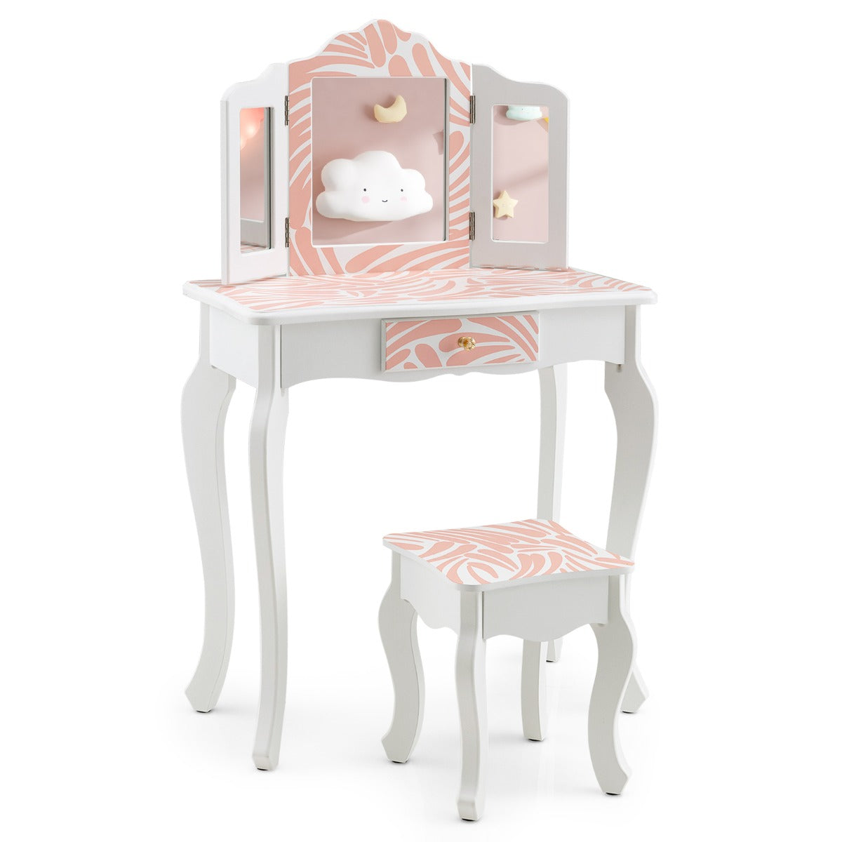 Pink snowflake-designed vanity set with mirror and stool for girls bedroom decor.