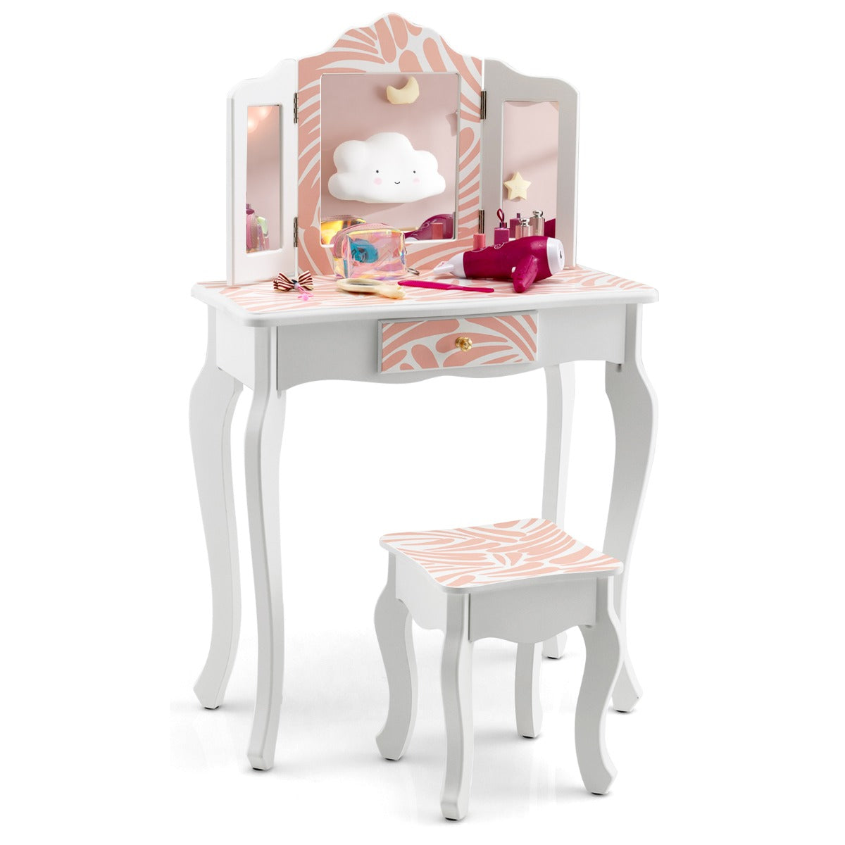 Kids Pink Snowflake Vanity Set with Mirror and Stool for Girls Bedroom decor.