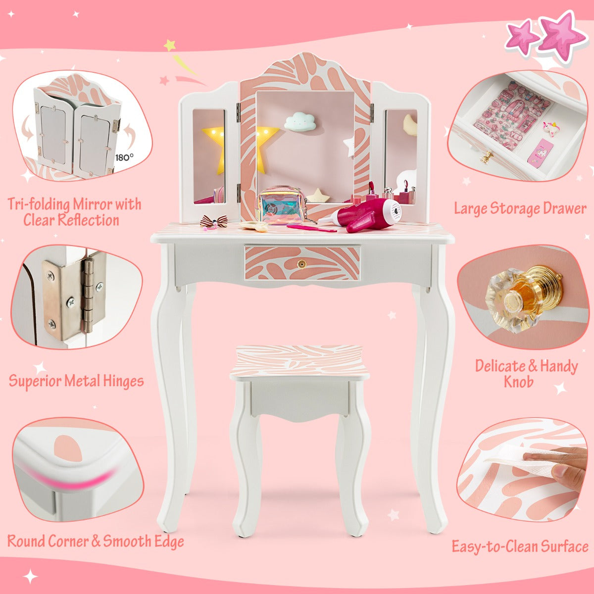 Kids vanity set with pink snowflake design, mirror, and stool for girls bedroom decor.