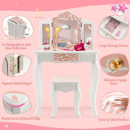 Kids vanity set with pink snowflake design, mirror, and stool for girls bedroom decor.