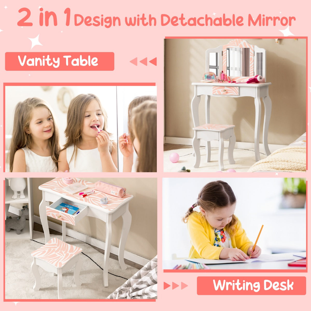 Pink Snowflake Design Kids Vanity Set with Mirror and Stool, ideal for girls bedroom playtime.