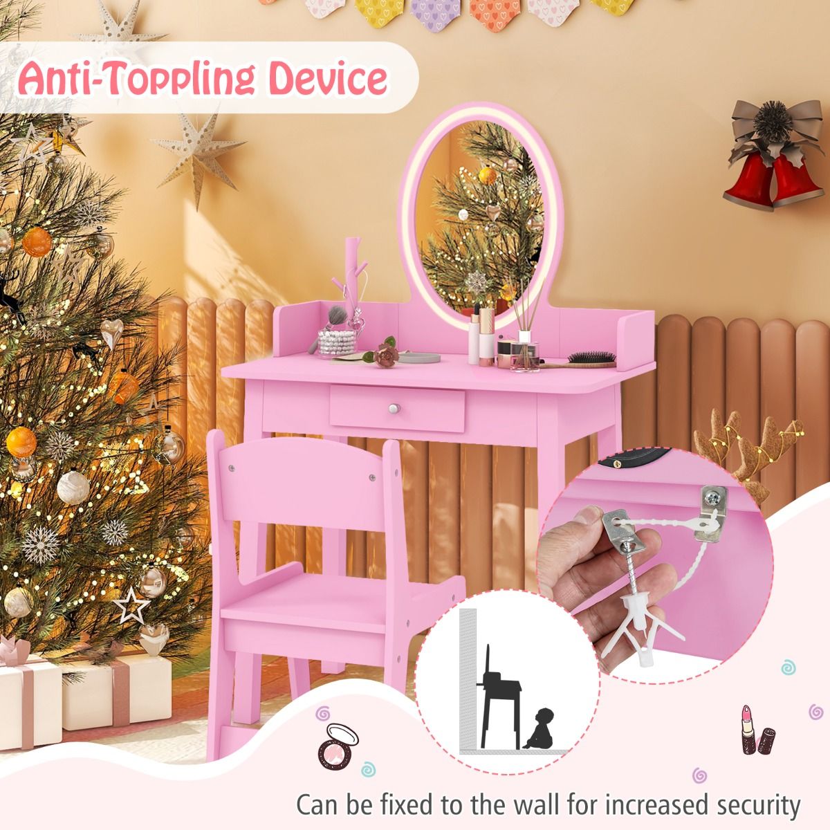 Kids Vanity Set | Pink LED Mirror & Spacious Storage Drawer