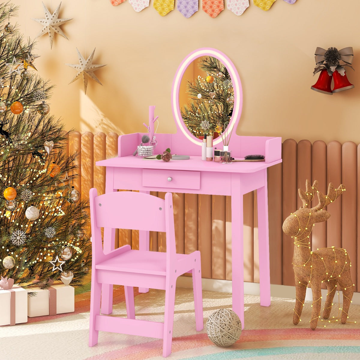 Costway Kids Vanity Set with Lighted Mirror and Chair-Pink