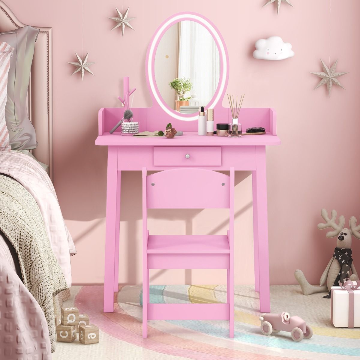 Kids Vanity Set | Pink LED Mirror & Spacious Storage Drawer