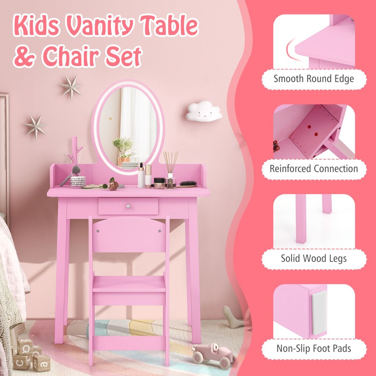Kids Vanity Set | Pink LED Mirror & Spacious Storage Drawer