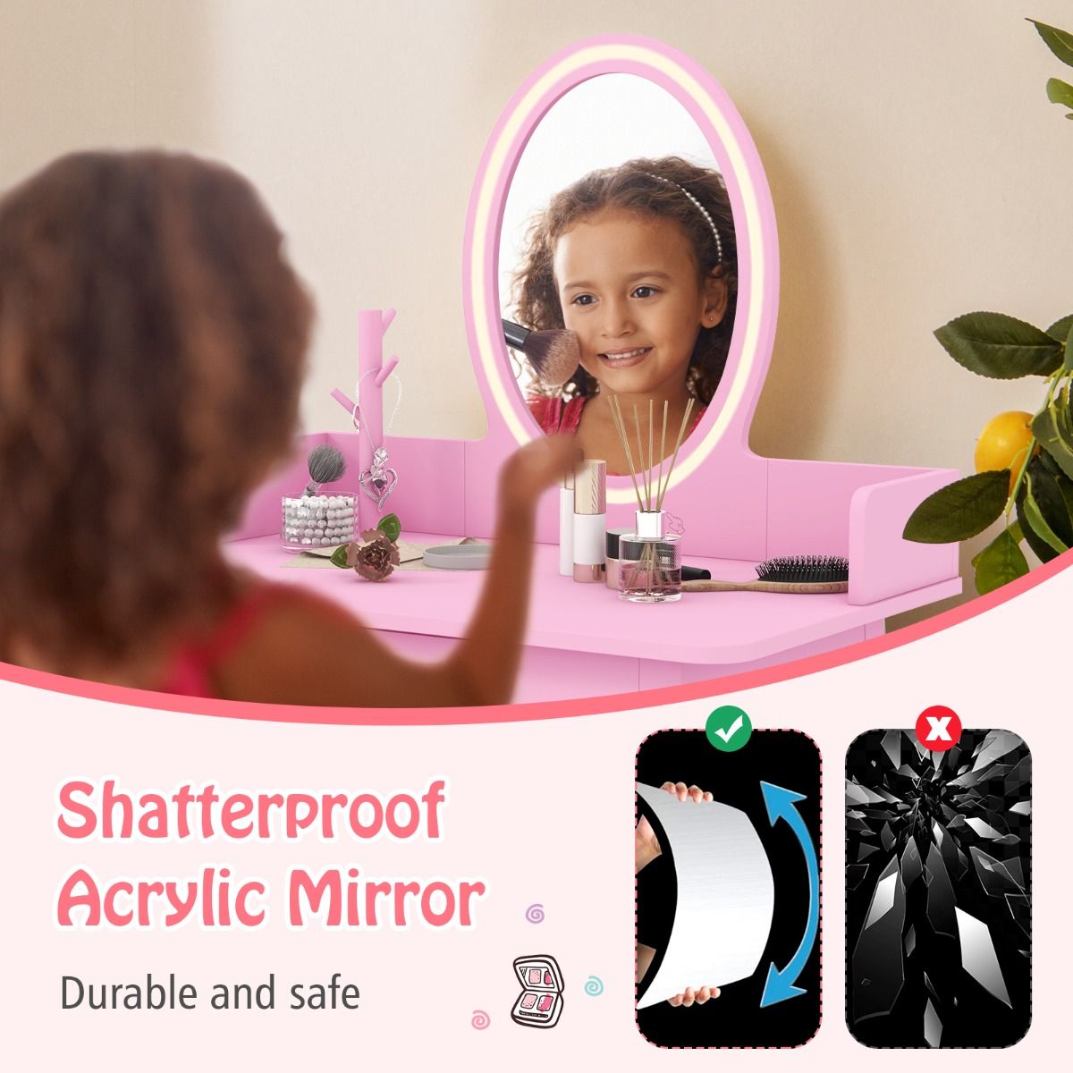 Kids Vanity Set | Pink LED Mirror & Spacious Storage Drawer