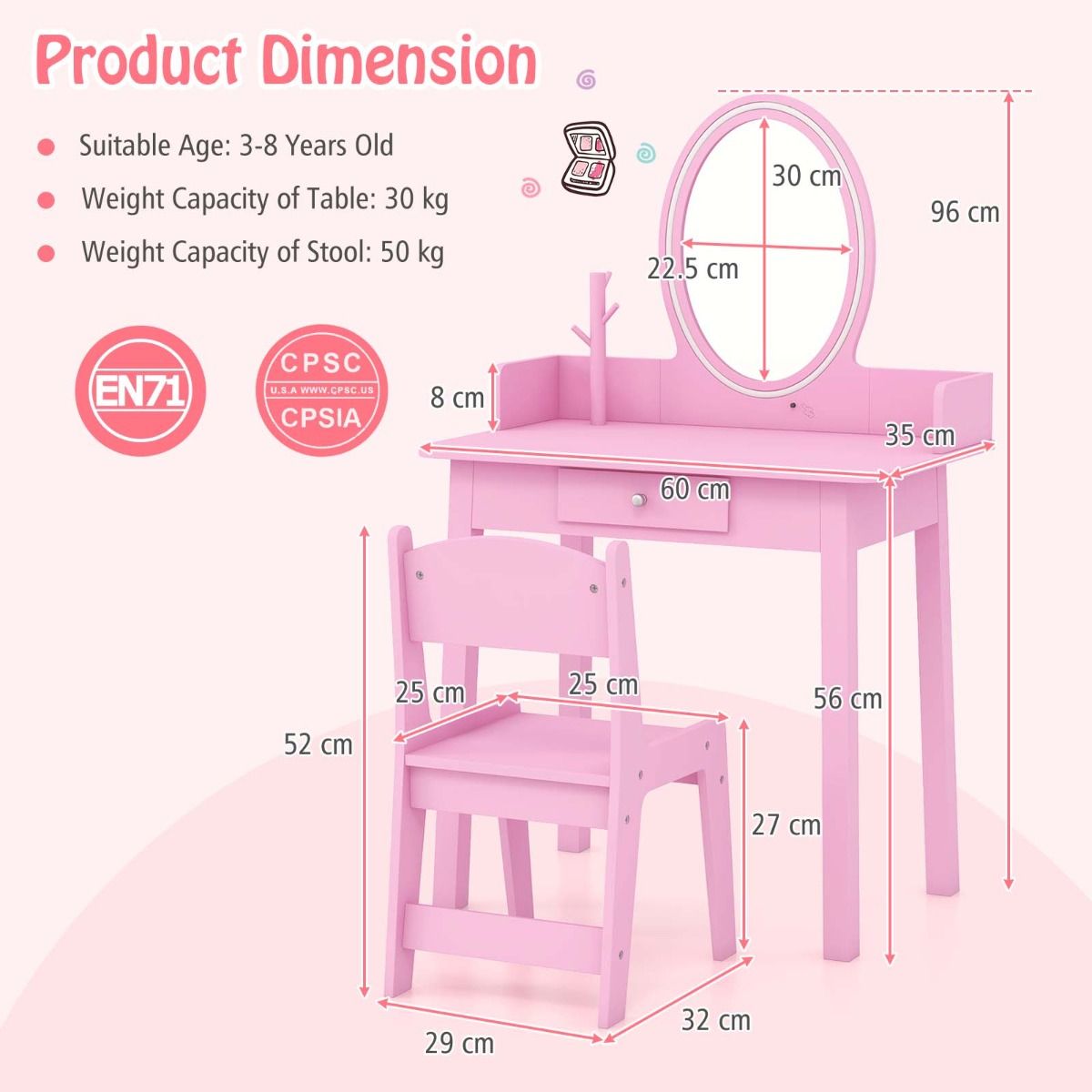 Kids Vanity Set | Pink LED Mirror & Spacious Storage Drawer