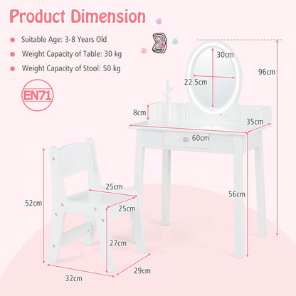 White Kids Vanity Set | LED Mirror & Chair | Large Storage