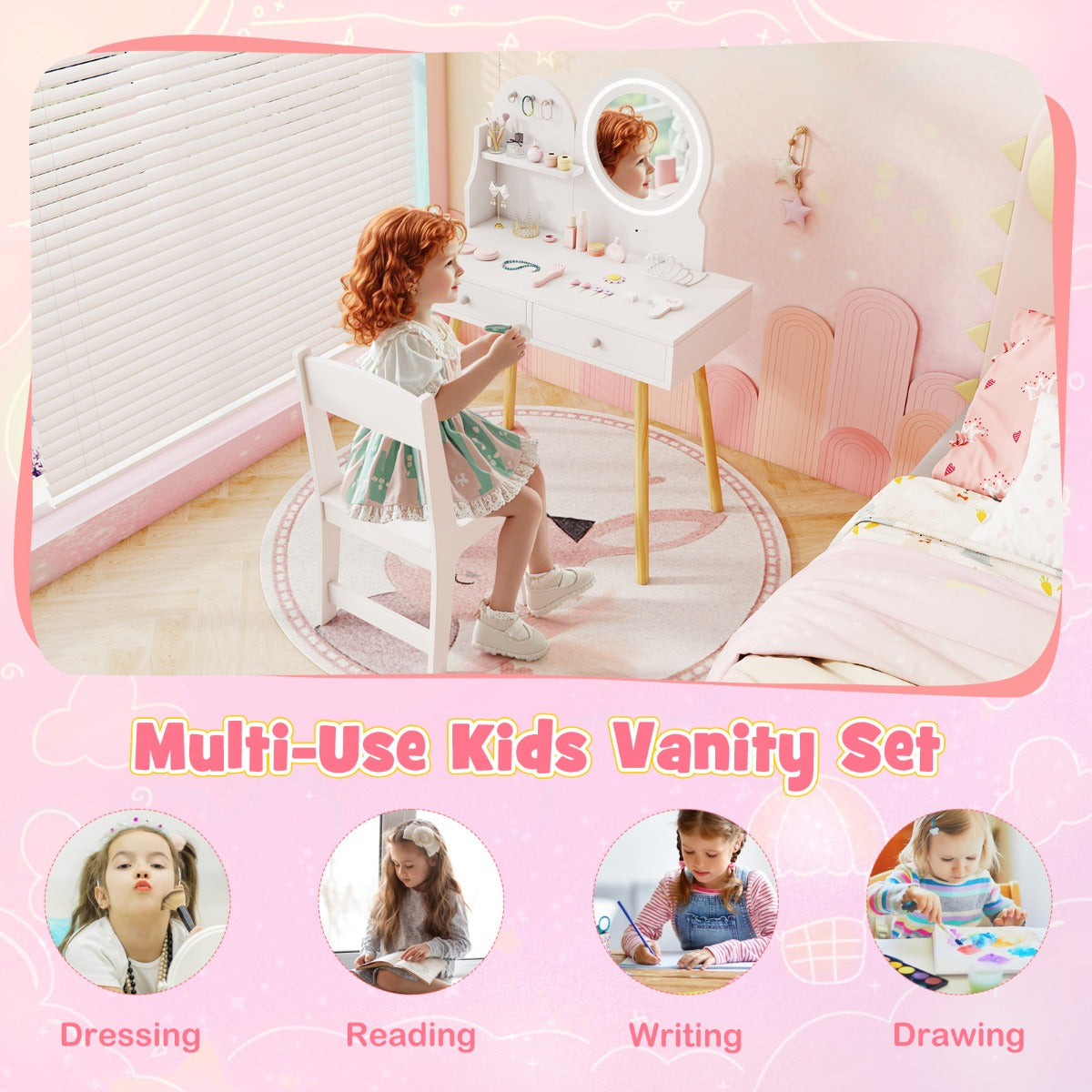 Kids Vanity Set | White 2-Color LED Mirror & Storage Options