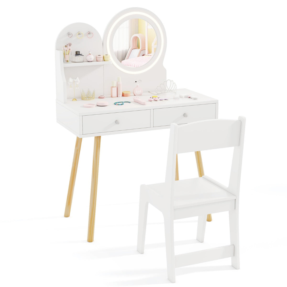 Kids Vanity Set | White 2-Color LED Mirror & Storage Options