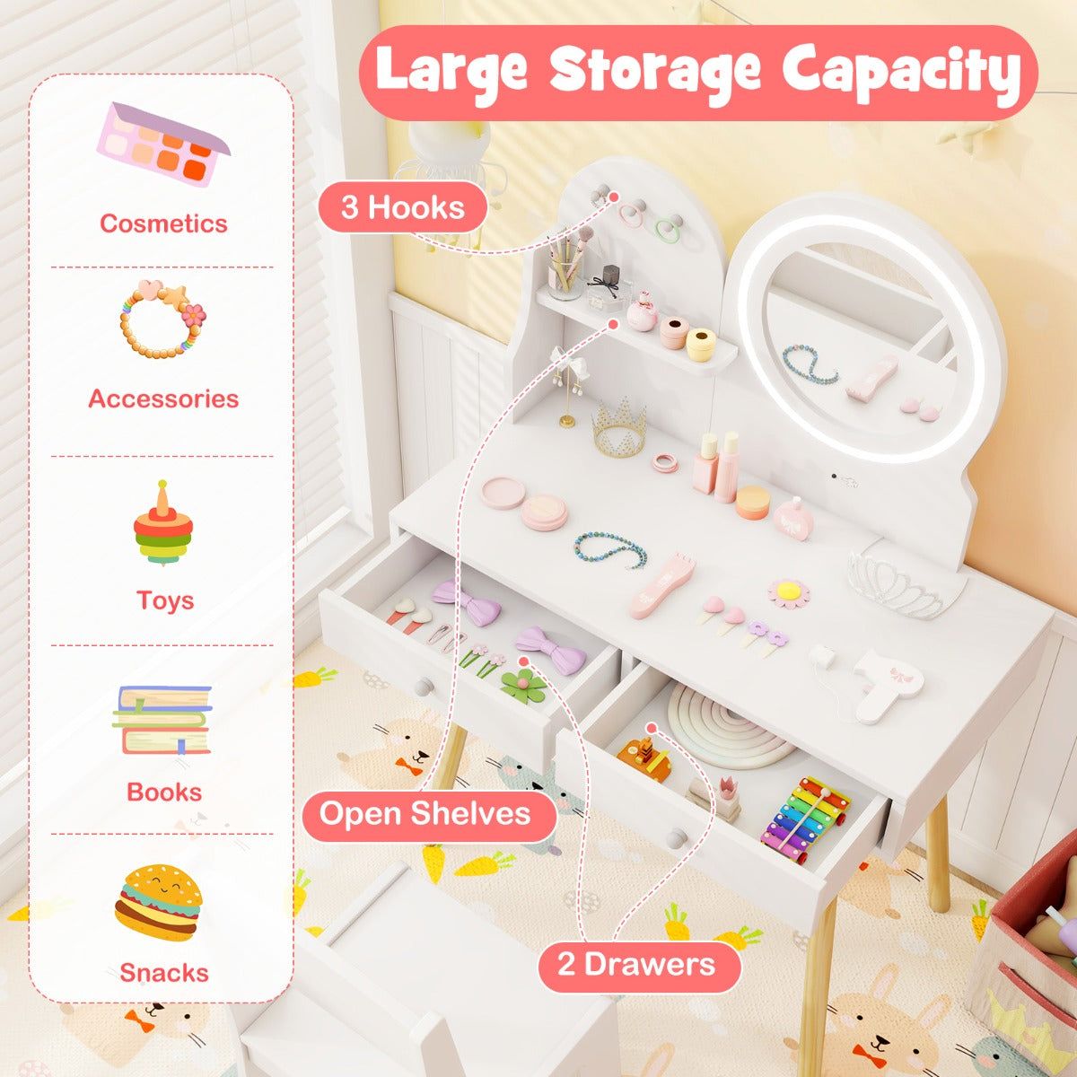 Kids Vanity Set | White 2-Color LED Mirror & Storage Options