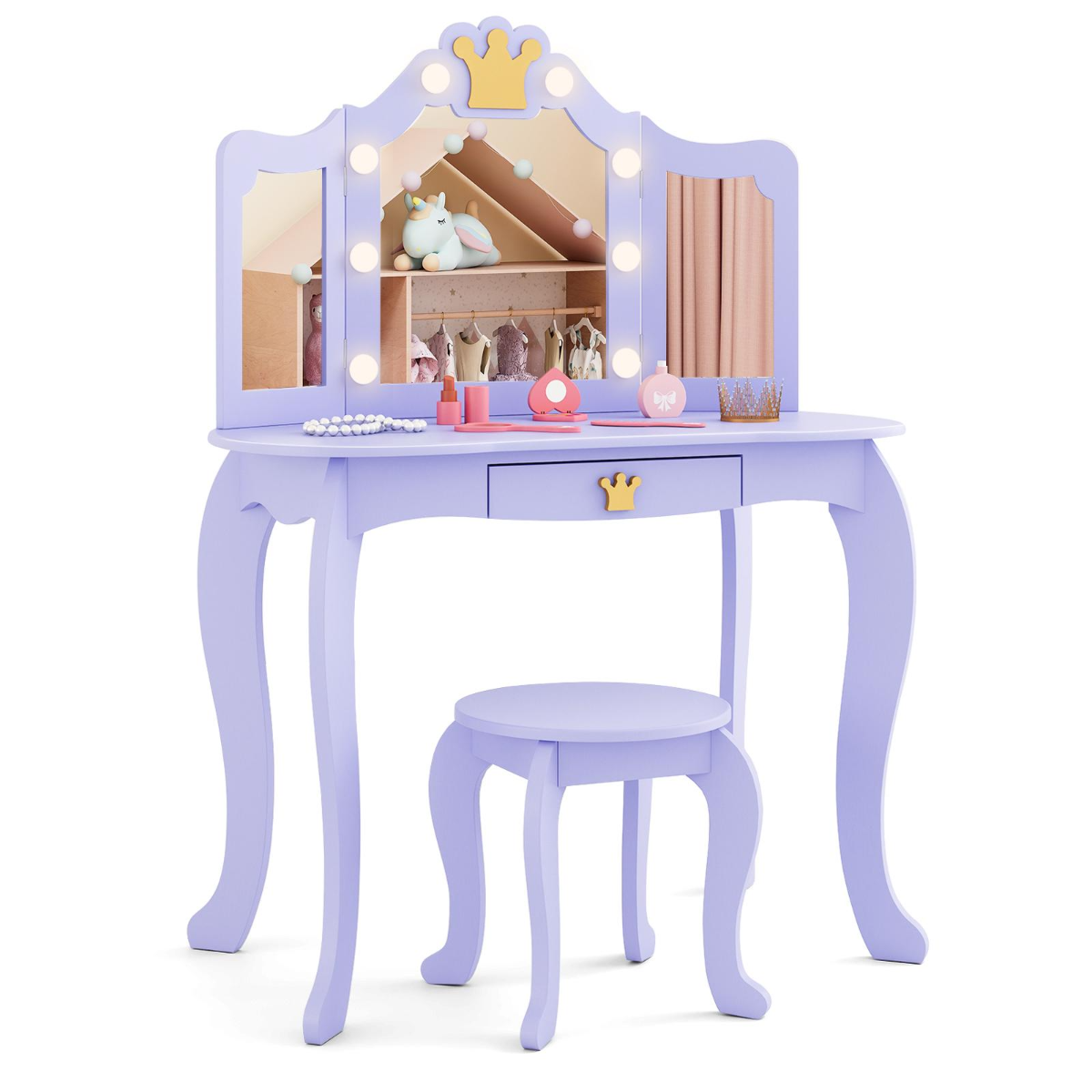 Kids Vanity Set | 3-Color LED Mirror Crown Design Pink White