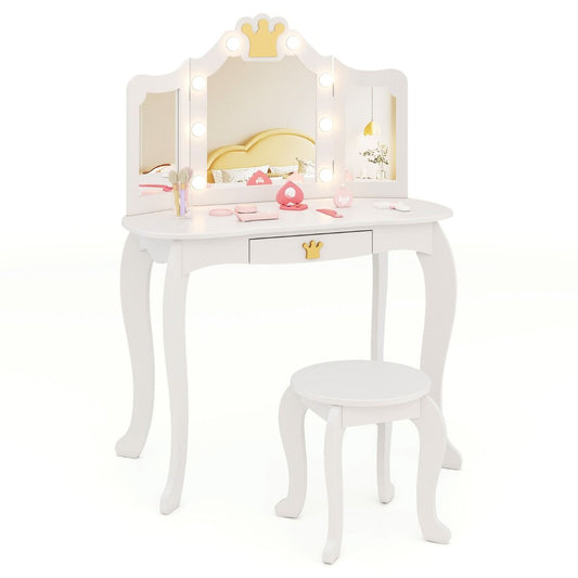 White crown-shaped childrens vanity set with LED lights for a magical dressing experience and princess-like ambiance.
