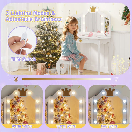 White crown-shaped kids vanity set features LED lights, perfect for imaginative play and dress-up sessions.