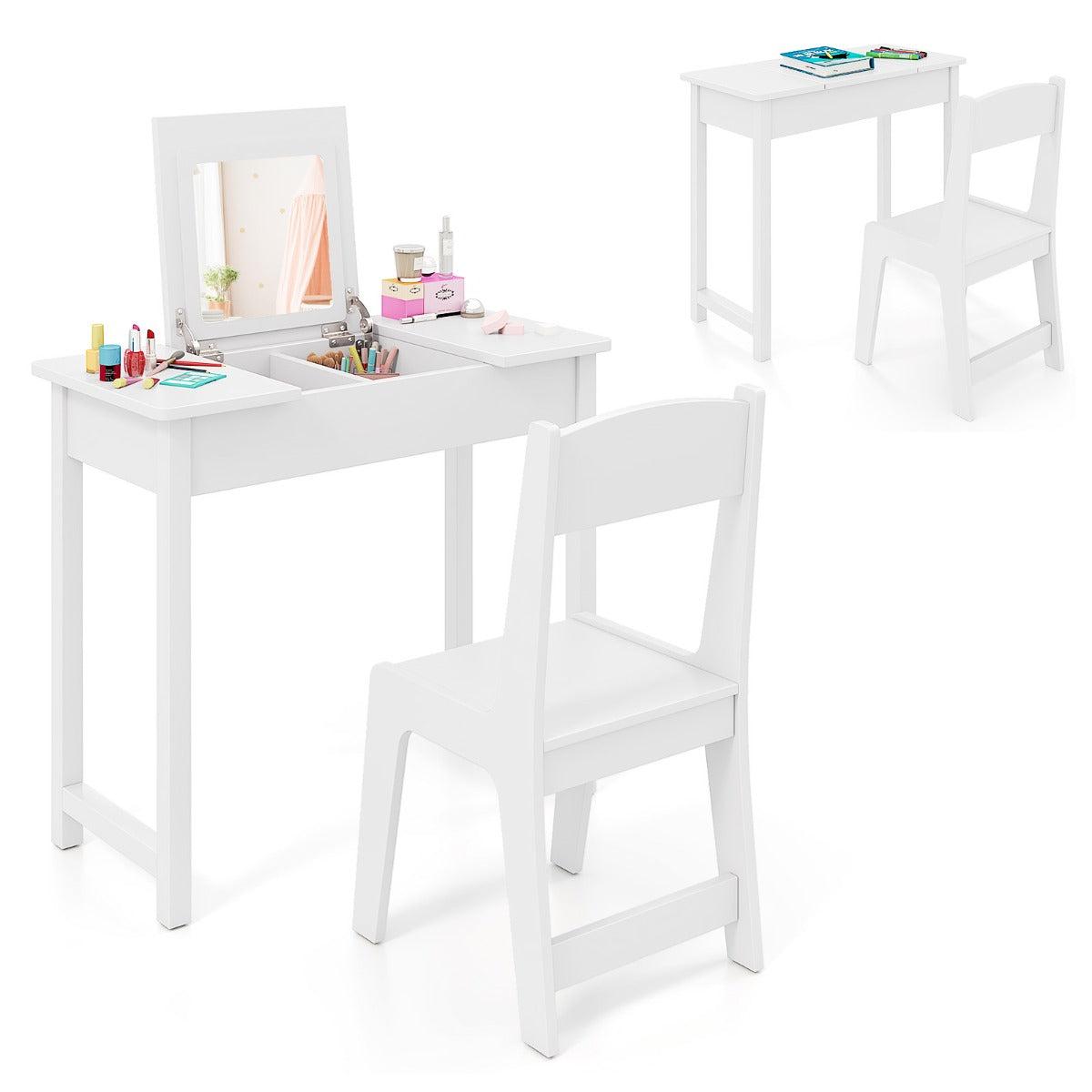 Kids Vanity Set | White Flip-Top Mirror Desk with Storage