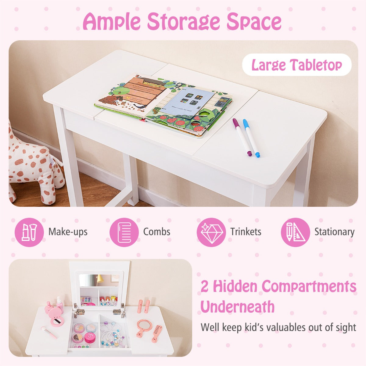 Kids Vanity Set | White Flip-Top Mirror Desk with Storage