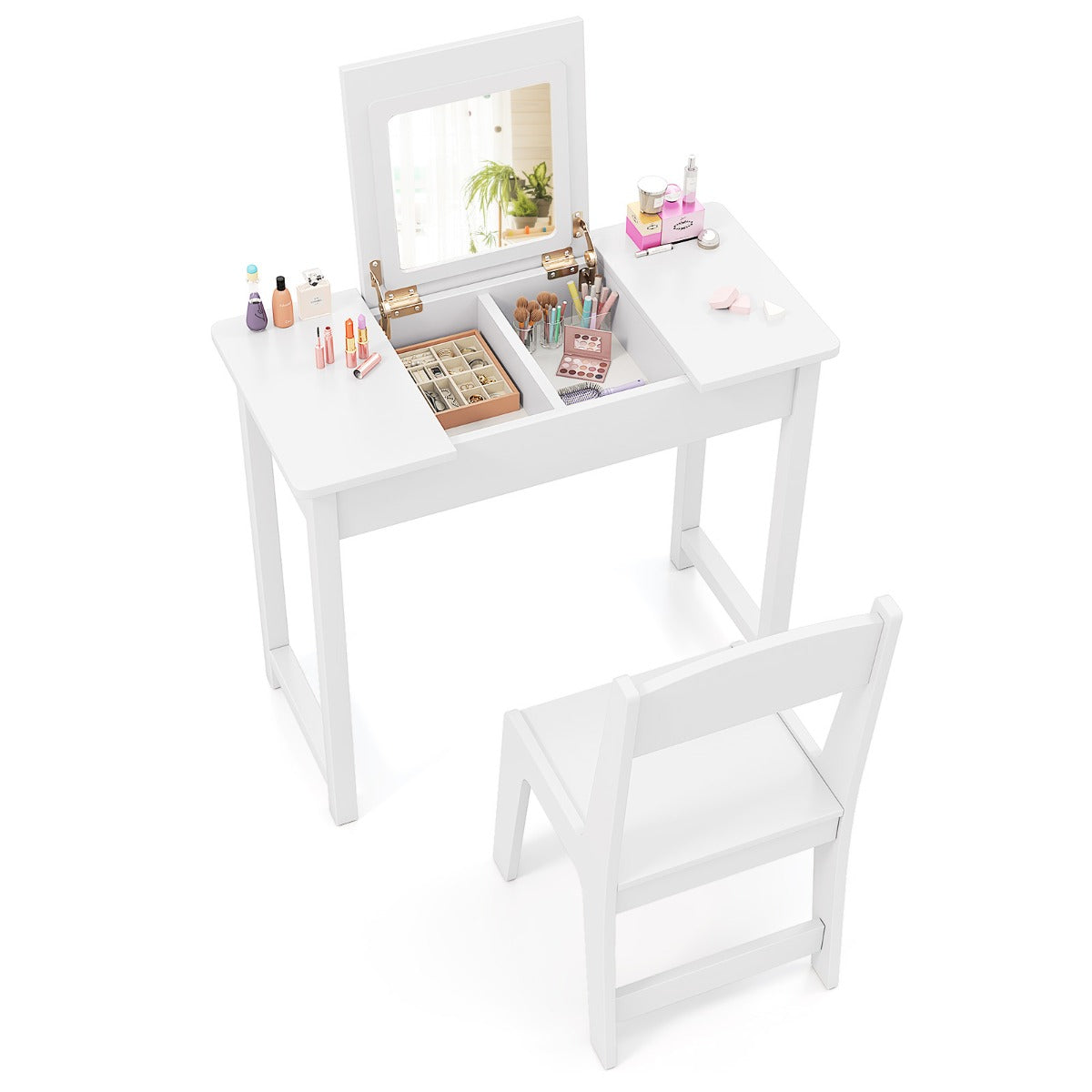 Kids Vanity Set | White Flip-Top Mirror Desk with Storage