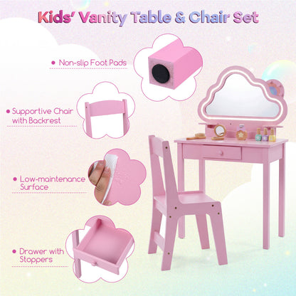 Pink Kids Vanity Set | LED Cloud Mirror Stool & Storage