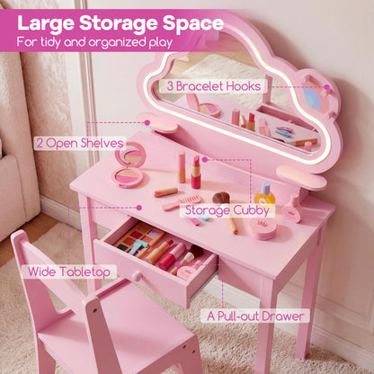 Pink Kids Vanity Set | LED Cloud Mirror Stool & Storage