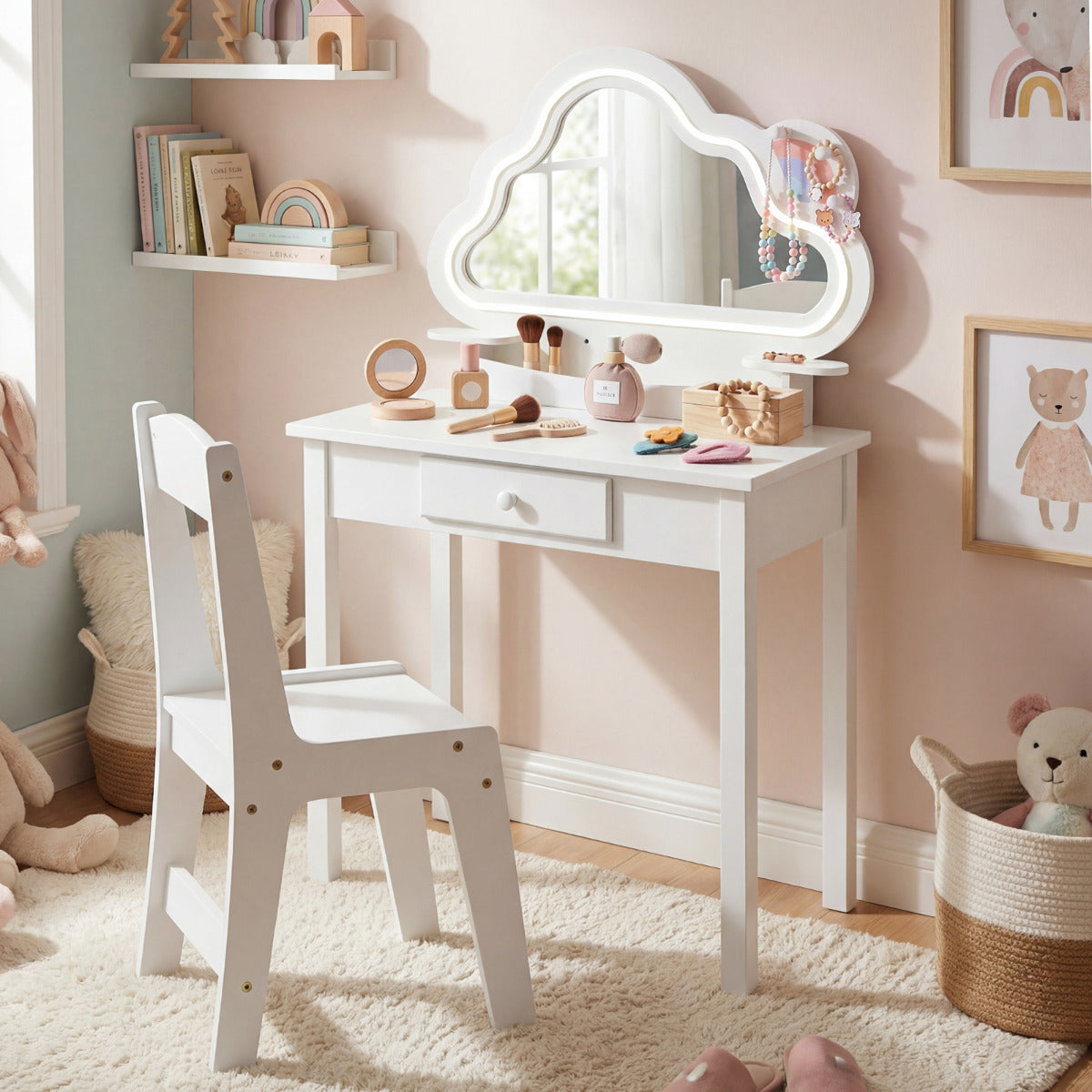 White Kids Vanity Set | Cloud LED Mirror Stool & Storage
