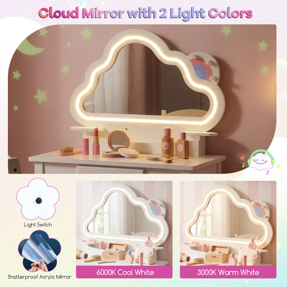 White Kids Vanity Set | Cloud LED Mirror Stool & Storage