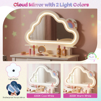 White Kids Vanity Set | Cloud LED Mirror Stool & Storage