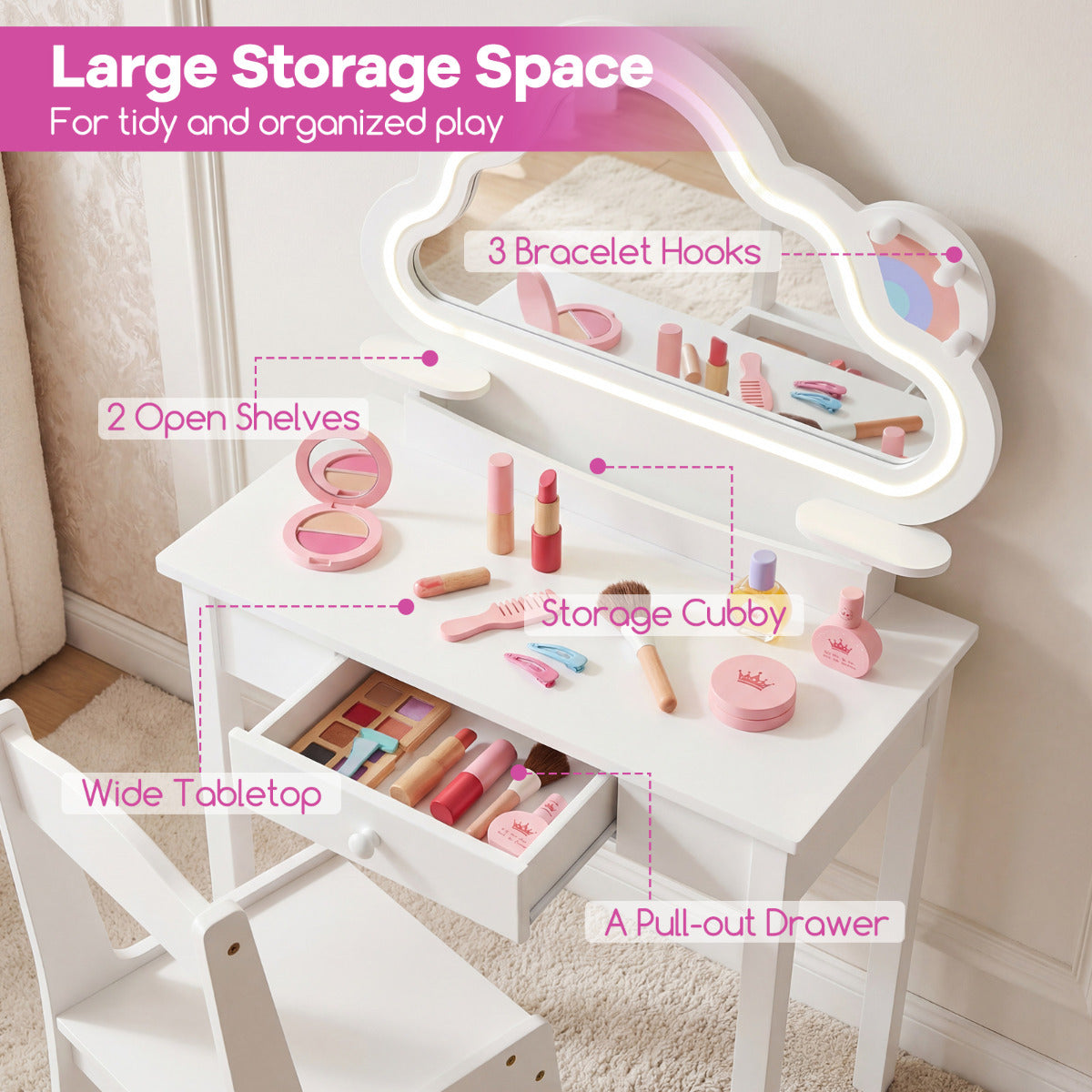 White Kids Vanity Set | Cloud LED Mirror Stool & Storage