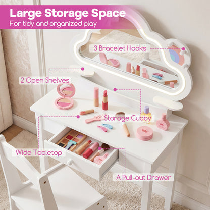 White Kids Vanity Set | Cloud LED Mirror Stool & Storage