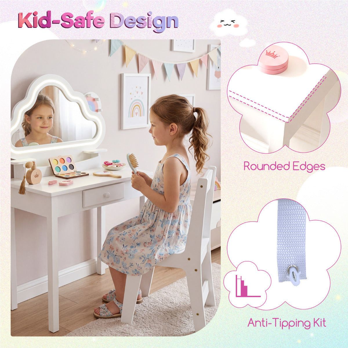 White Kids Vanity Set | Cloud LED Mirror Stool & Storage