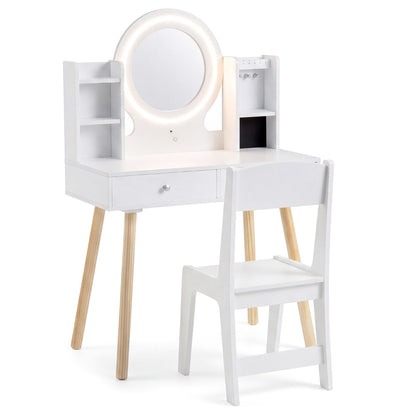 Costway Kids Vanity Set with Lights and LED Mirror for Children 3 Plus-White