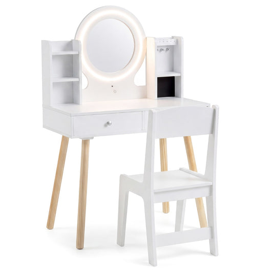Costway Kids Vanity Set with Lights and LED Mirror for Children 3 Plus-White