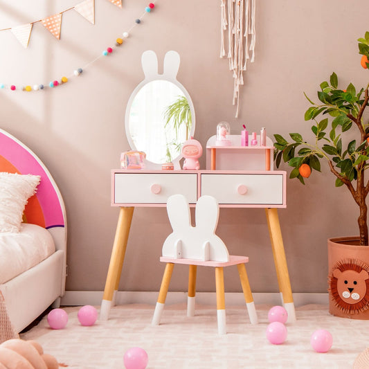 Pink and white vanity set with mirror for toddlers and childrens playroom or bedroom.