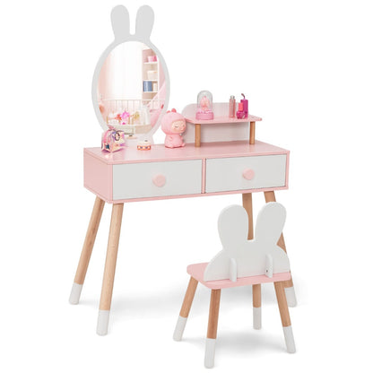 Pink and white Kids Vanity Table set with mirror for toddlers and childrens play area.