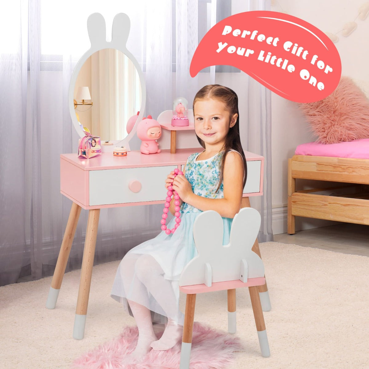 Pink and white Kids Vanity Table with mirror, perfect for toddlers and childrens playroom.