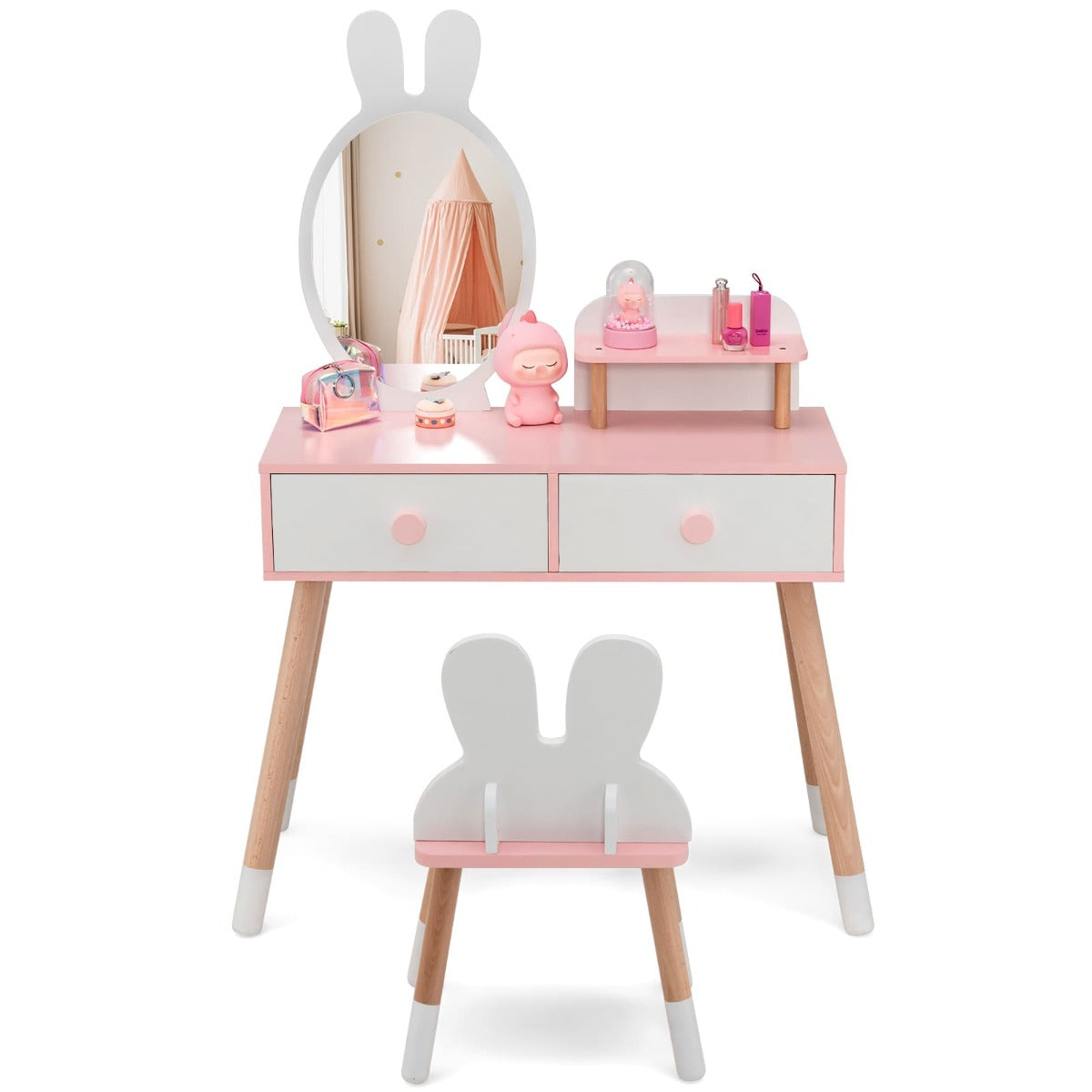 Pink and white Kids Vanity Table and Chair Set with Mirror for toddlers and children.