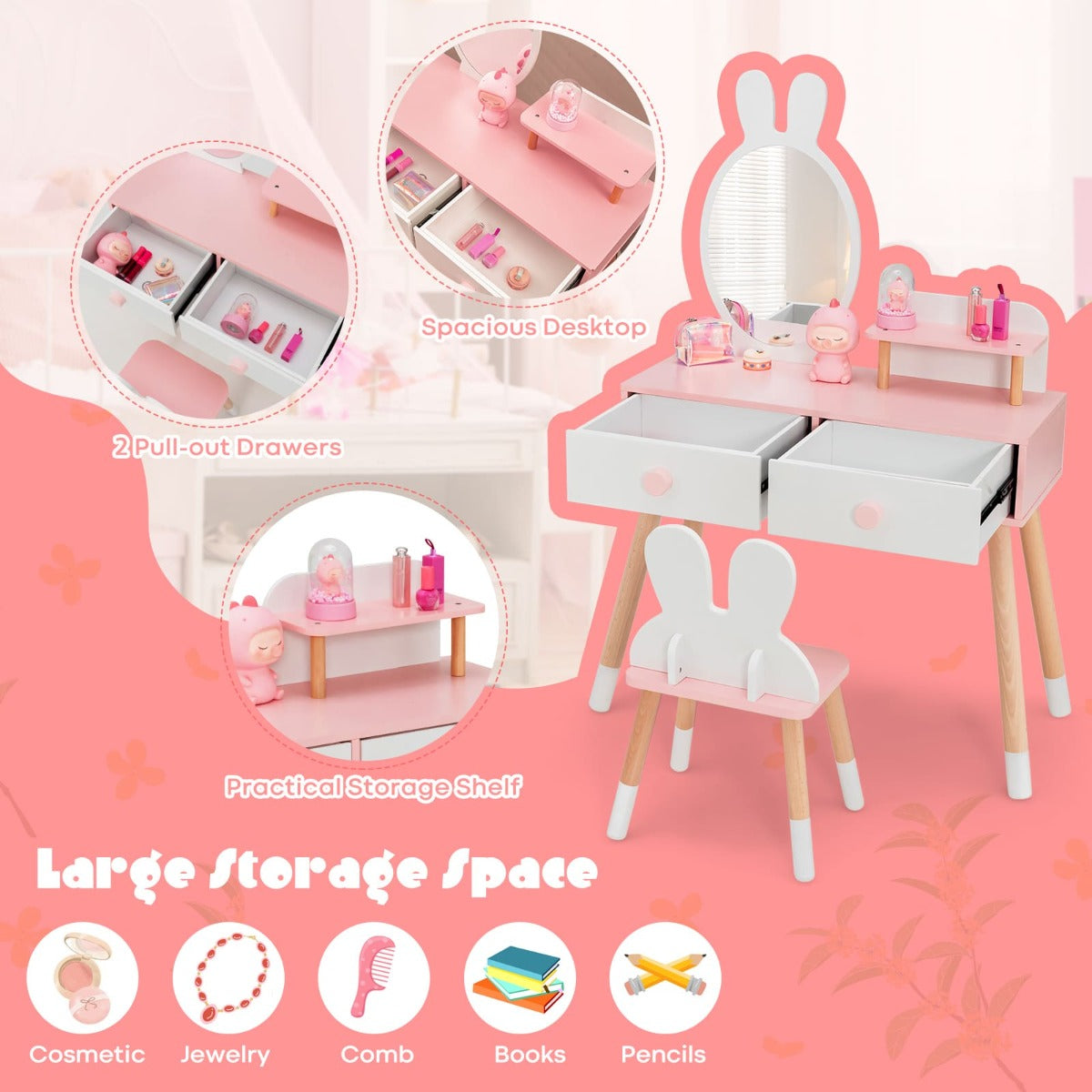 Pink and white vanity set for kids, includes mirror and chair. Perfect for toddlers.