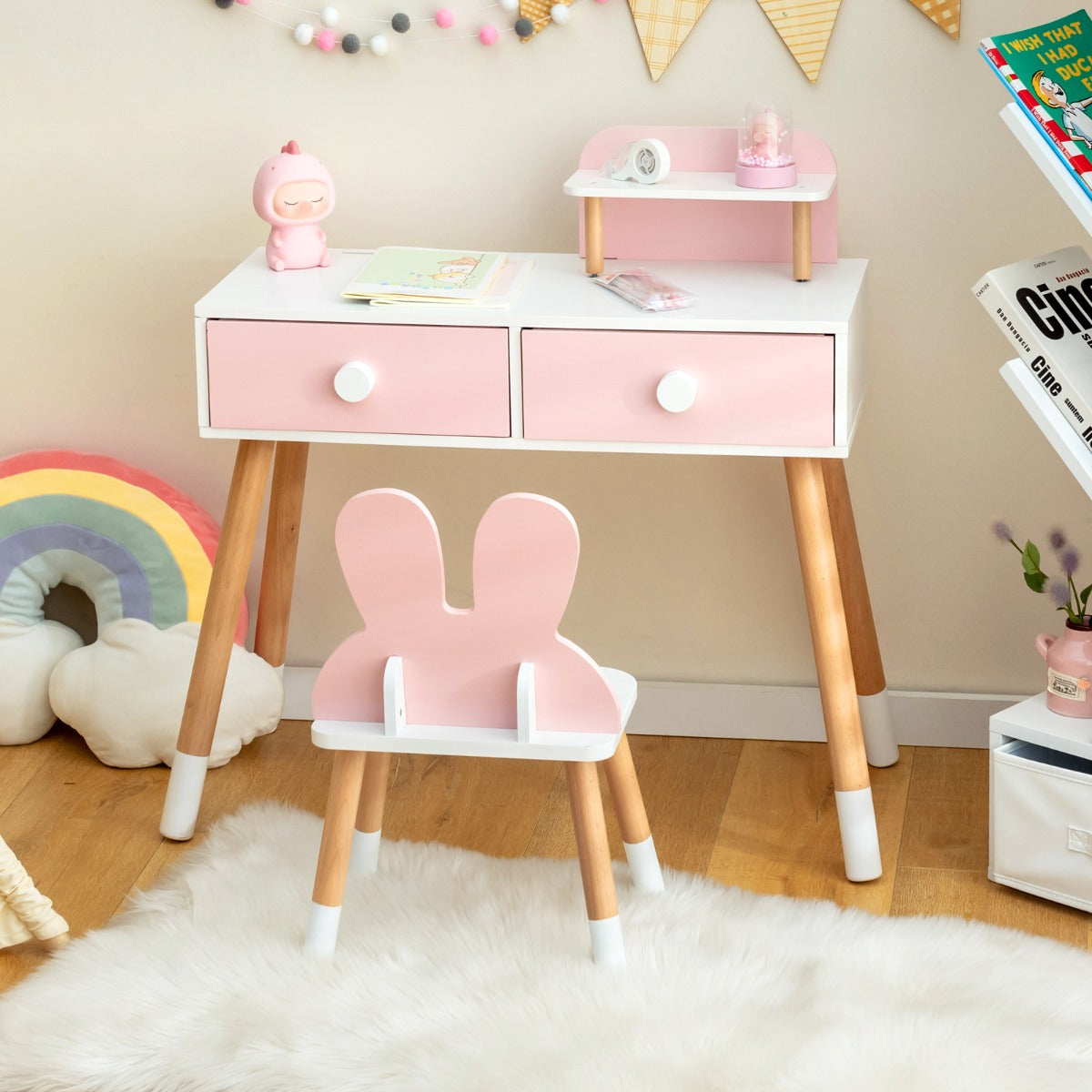 Kids Princess Vanity Desk Set | Convertible 2-in-1 Makeup Table and Writing Desk for Pretend Play