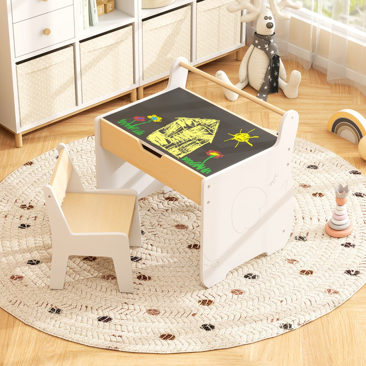 3 In 1 White Kids Wood Table Chair Set | Detachable Tabletop
