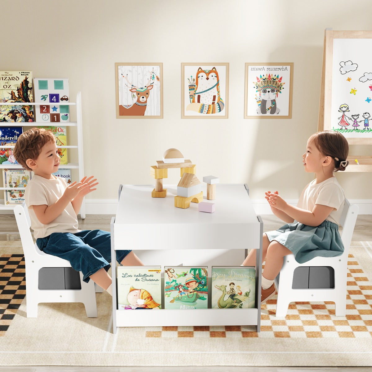 Kids Wooden Activity Table | Grey Dual-Surface & Storage