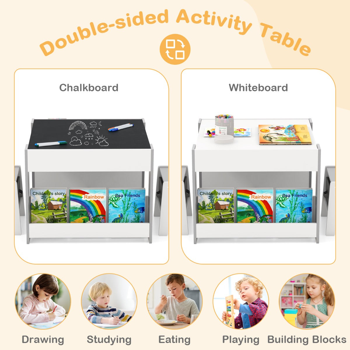 Kids Wooden Activity Table | Grey Dual-Surface & Storage