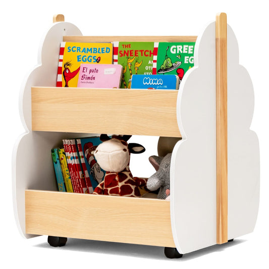 Kids wooden bookshelf on wheels with 2 tiers for books and toys storage.