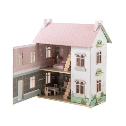 Pink wooden dollhouse for children features double-sided roofs and functional doors for interactive play