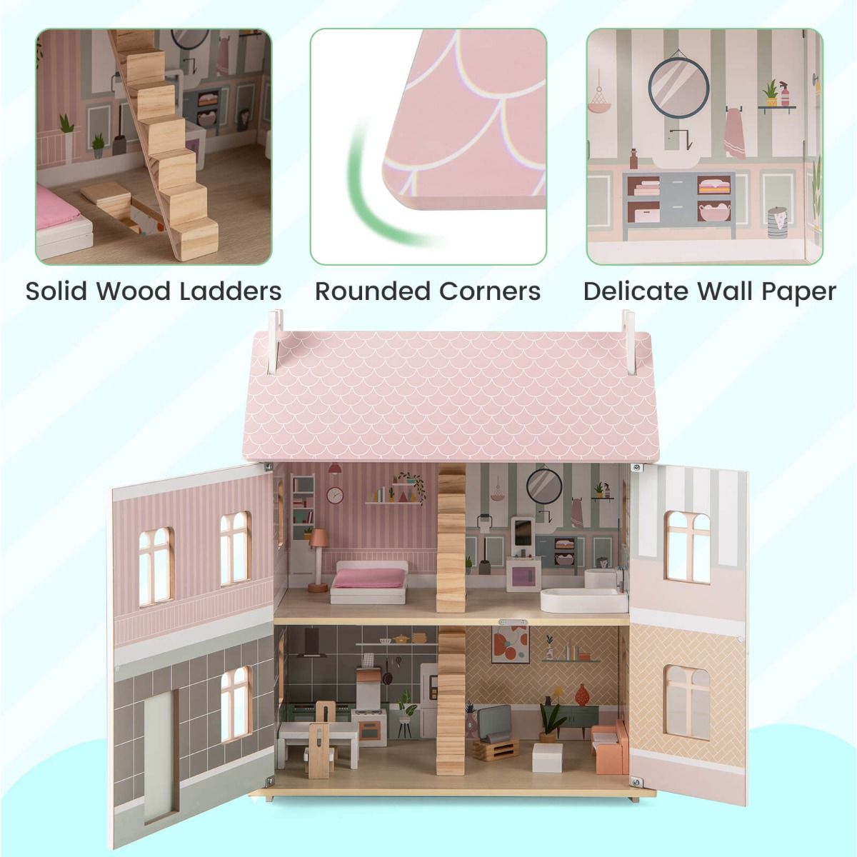 Pink wooden dollhouse for children features double-sided roofs and functional doors, offering interactive playtime fun