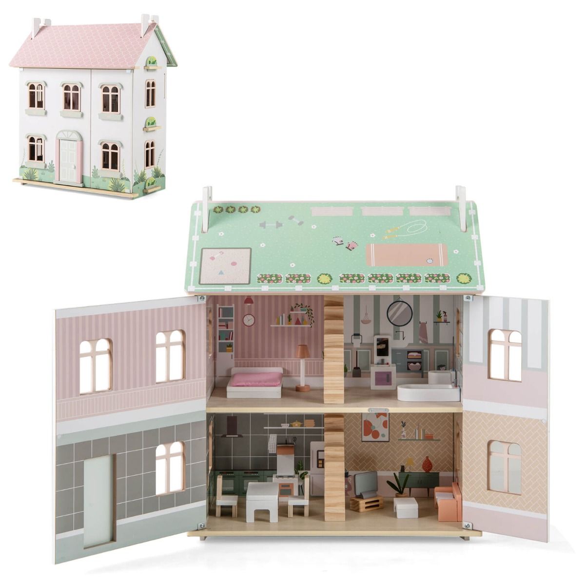 Pink wooden dollhouse for children features double-sided roofs and openable doors for interactive play