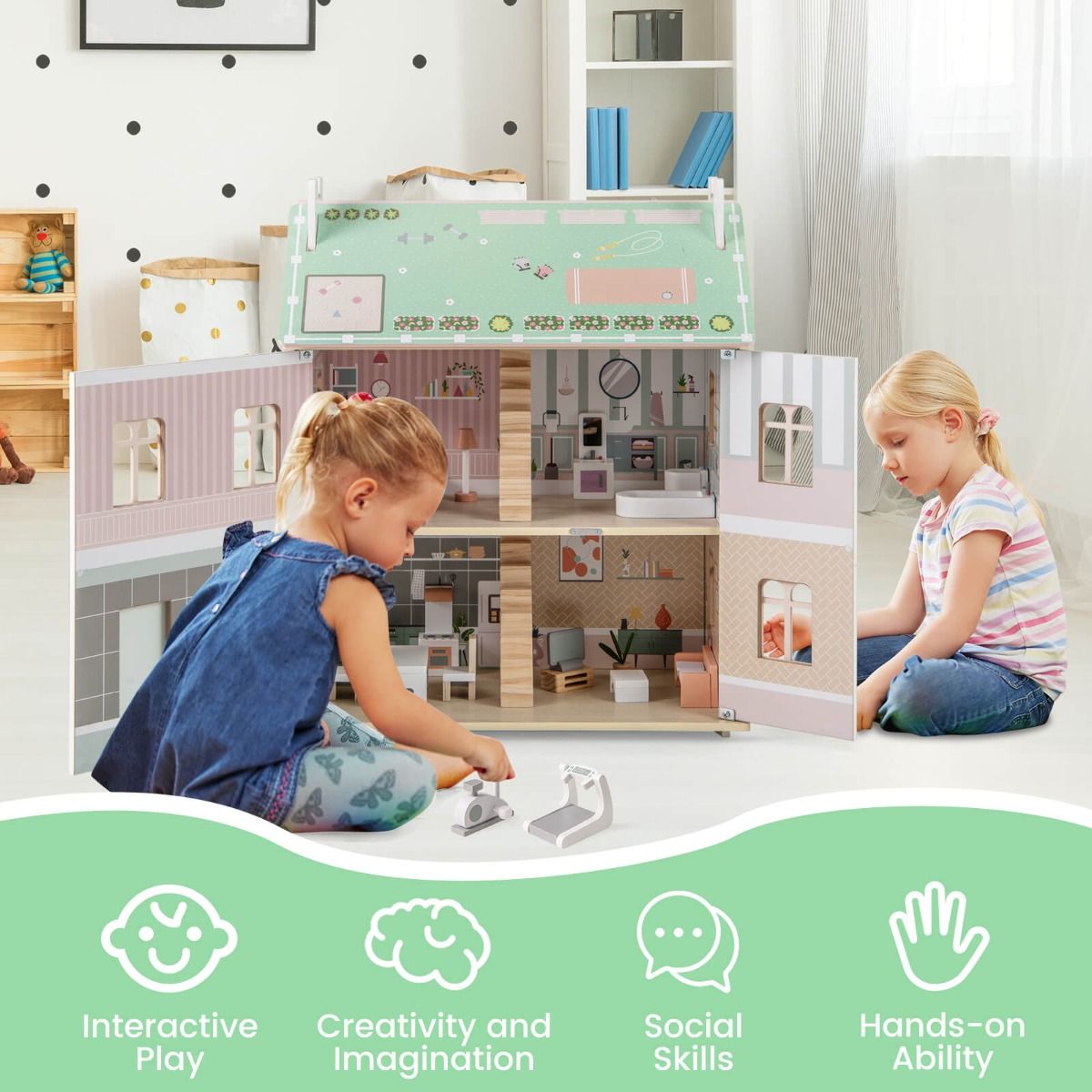 Charming pink wooden dollhouse features double-sided roofs and functional doors for imaginative play and decoration