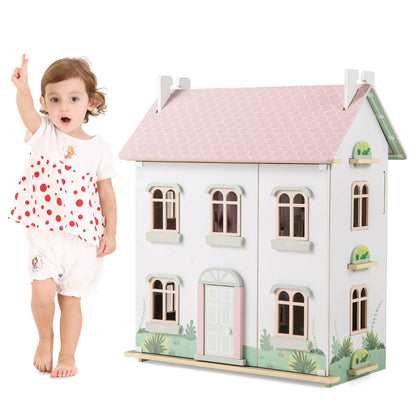 Charming pink wooden dollhouse features double-sided roofs and functional doors for imaginative play